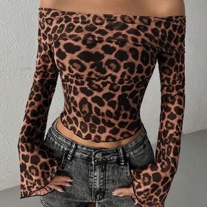 SHEIN Brown Leopard Print Off-Shoulder Blouse